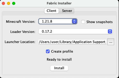 Fabric Installer with Minecraft 1.21.8 and Loader 0.17.2 selected