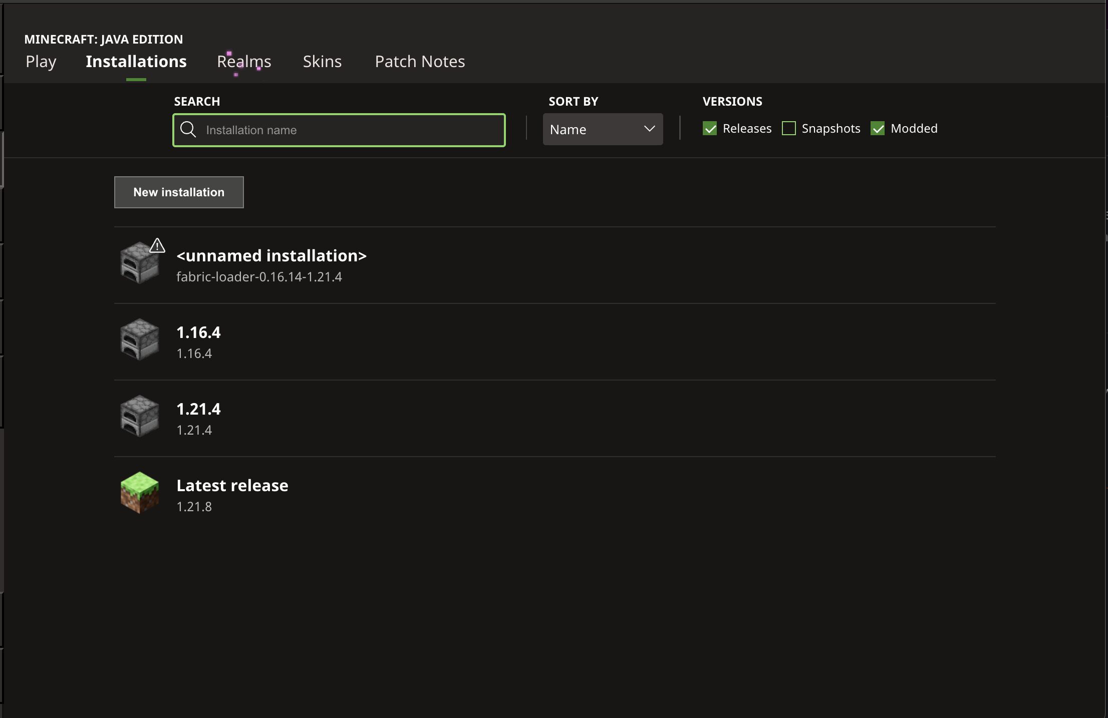 Minecraft launcher installations panel