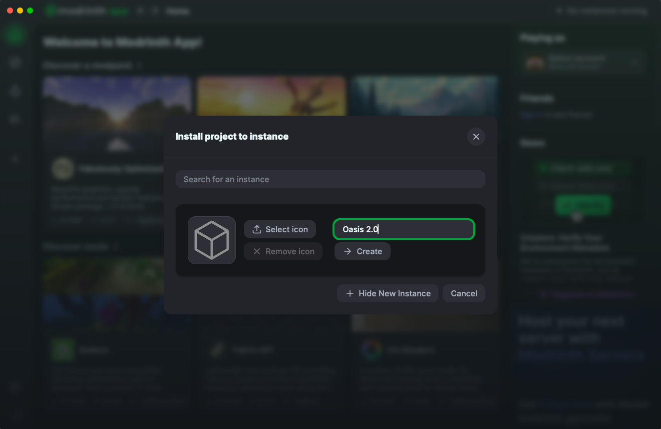 Modrinth app showing the Create new instance dialog