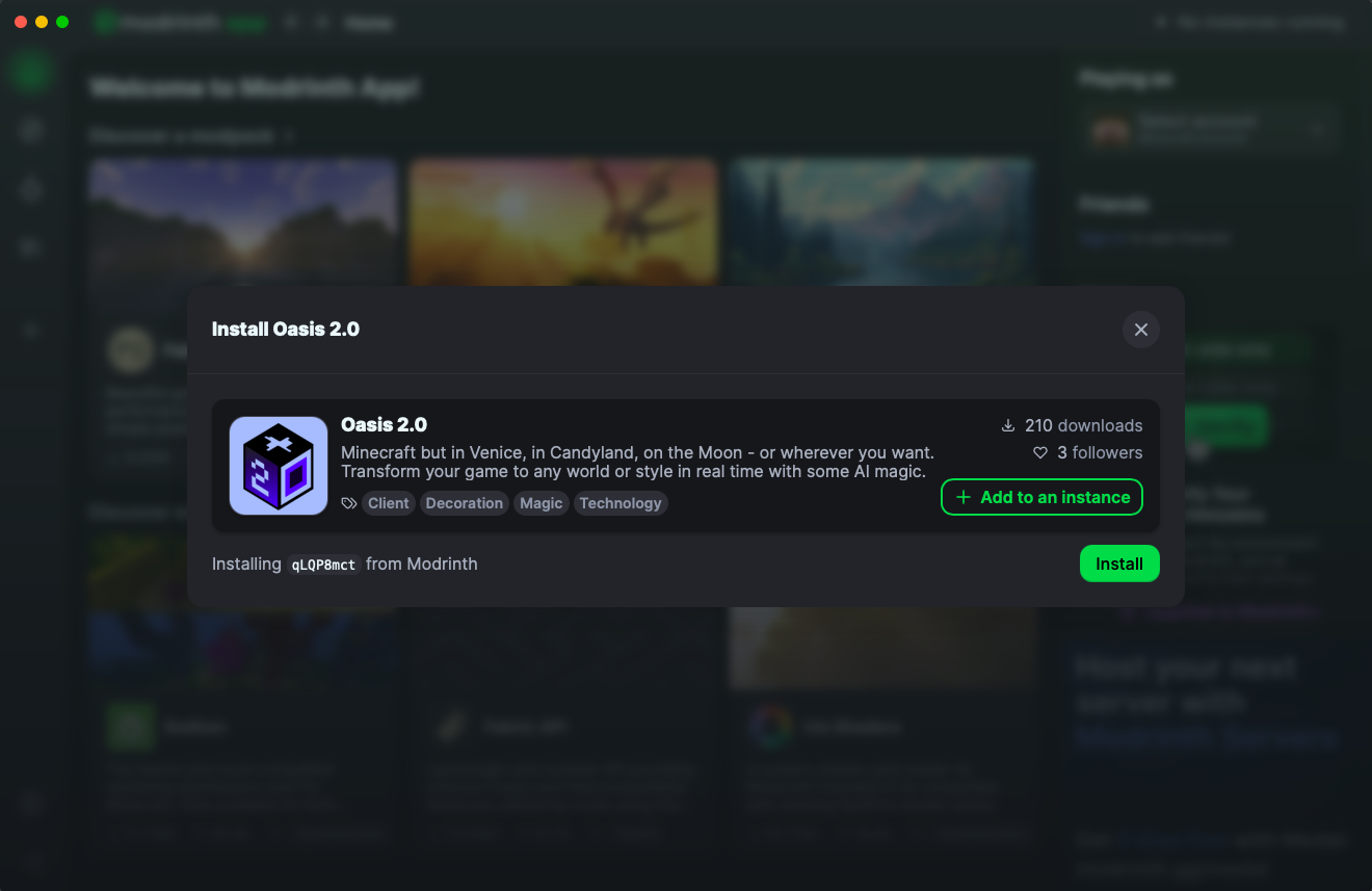 Modrinth app showing the Oasis 2.0 install button
