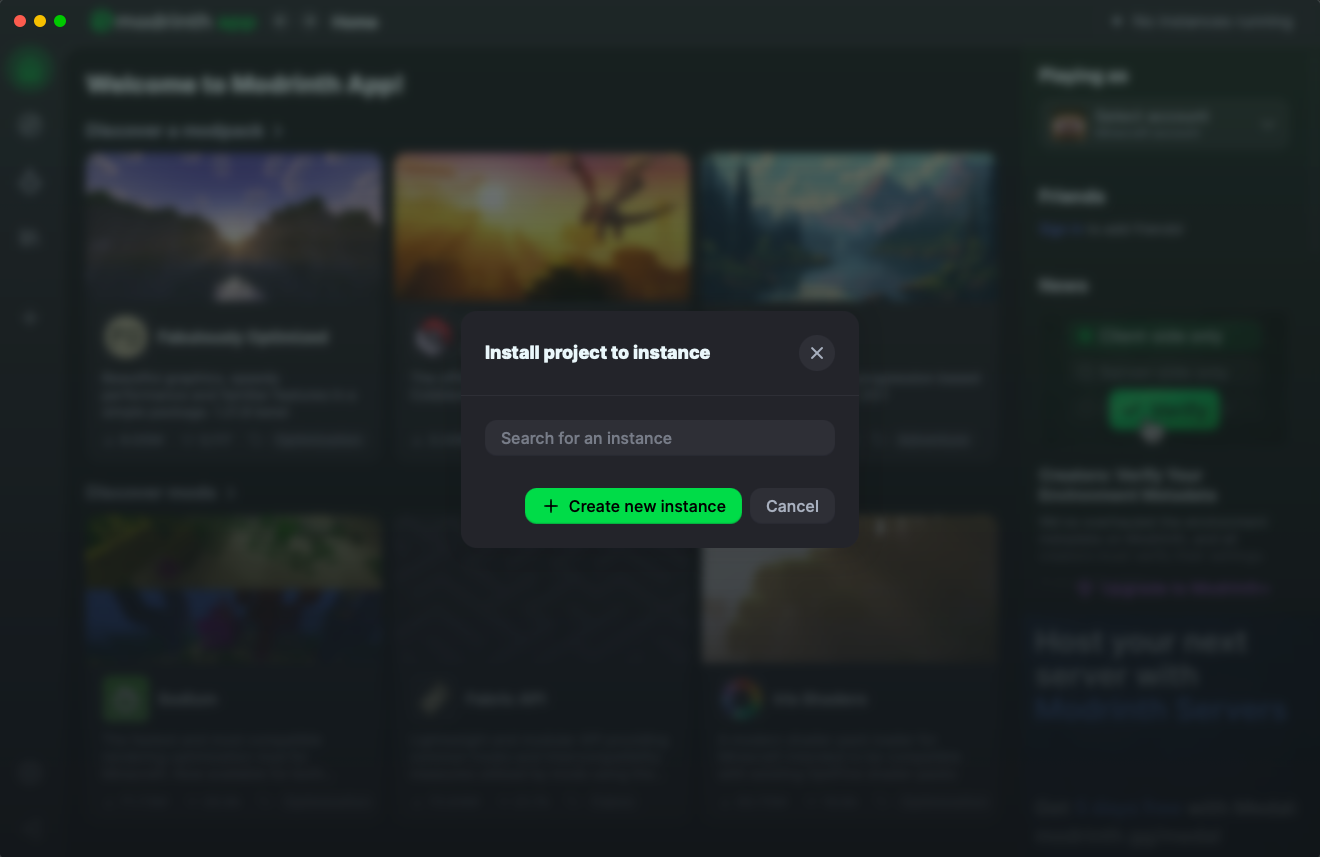 Modrinth app showing instance list and the Create new instance button