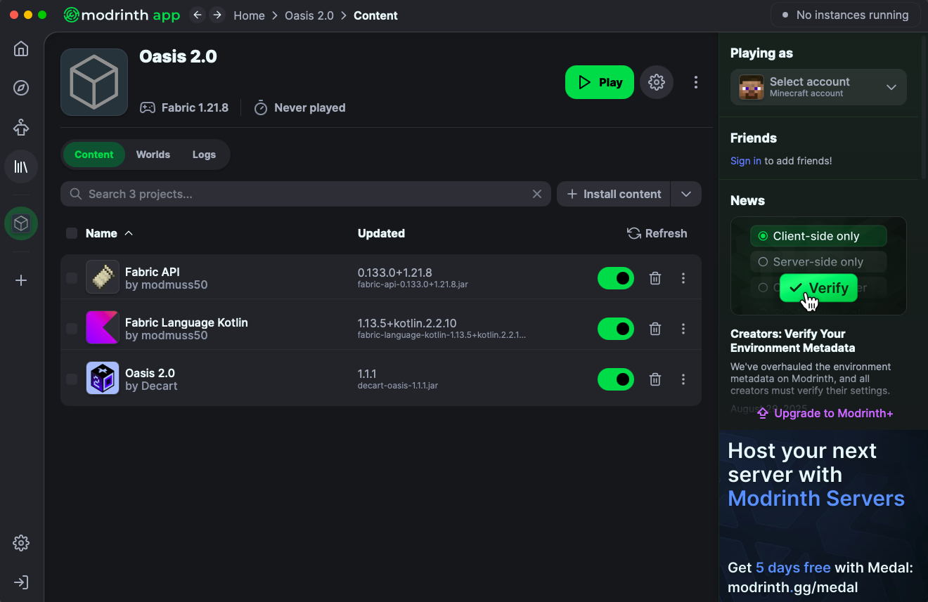 Minecraft instance in the Modrinth app with Oasis 2.0 installed and the Play button