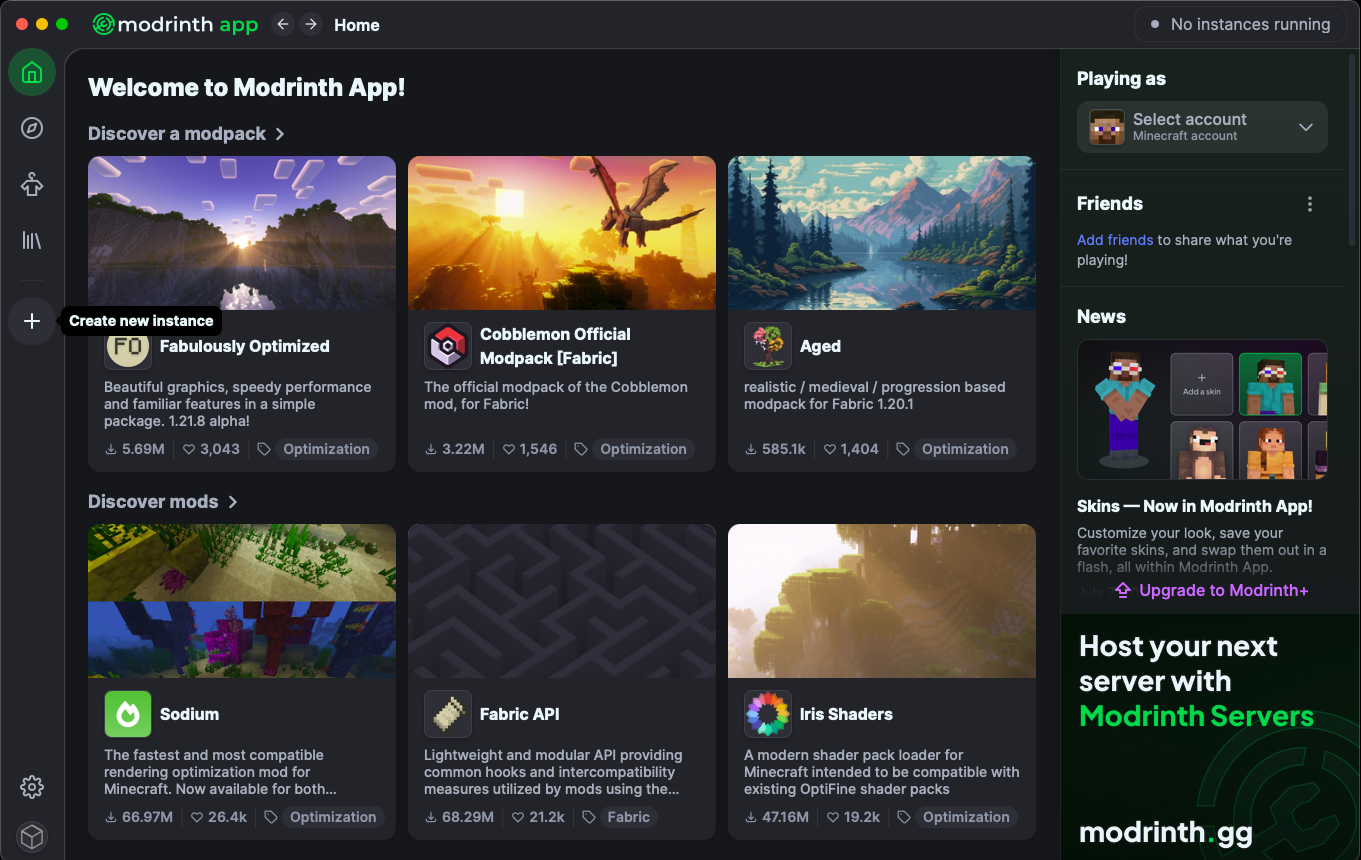 Modrinth app home page showing the Create new instance button