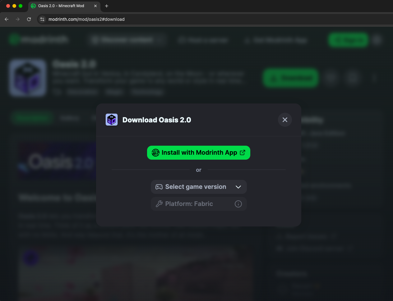 Oasis 2.0 page on the Modrinth website showing the Install with Modrinth App button