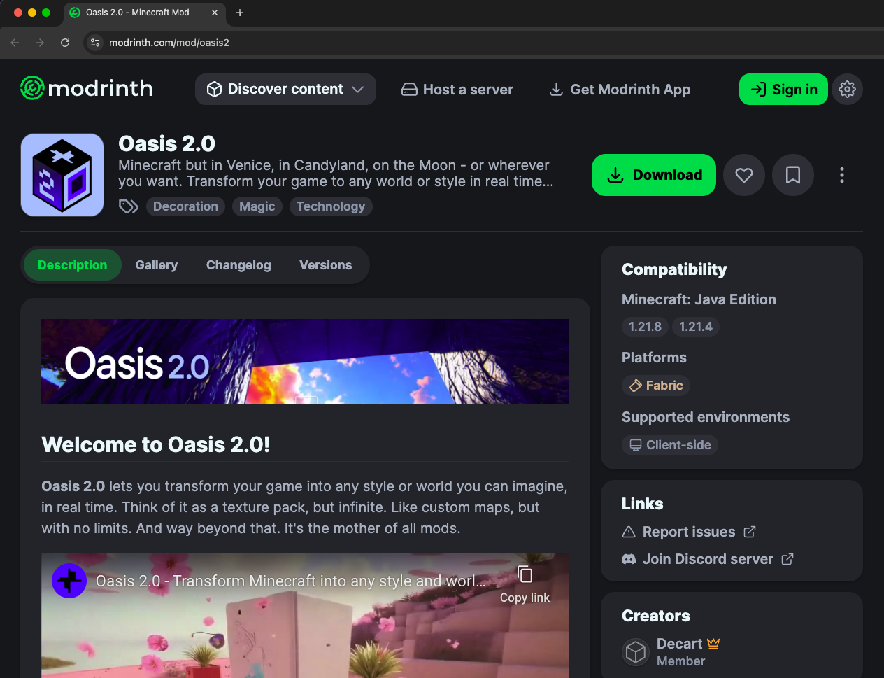 Oasis 2.0 page on the Modrinth website showing the Download button